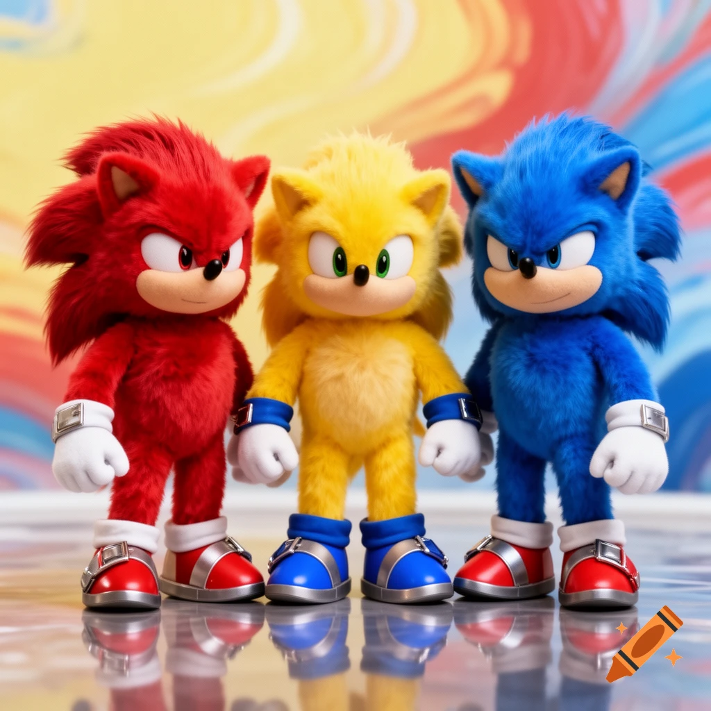 Three fluffy cartoon hedgehog characters, one red, one yellow, and one blue, stand on a reflective surface against a colorful abstract background.