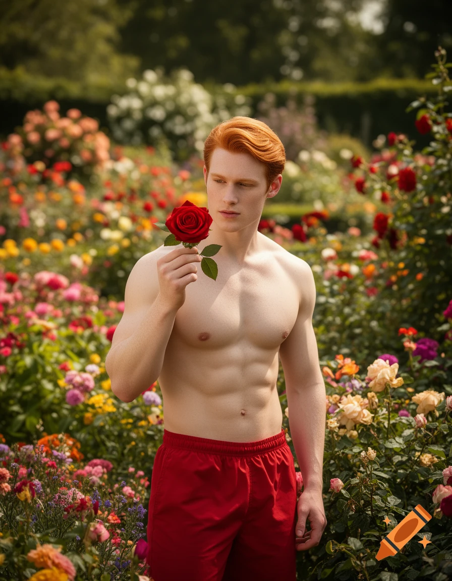 A handsome, bare-chested young man with red hair and red shorts holds a single red rose in a vibrant flower garden.