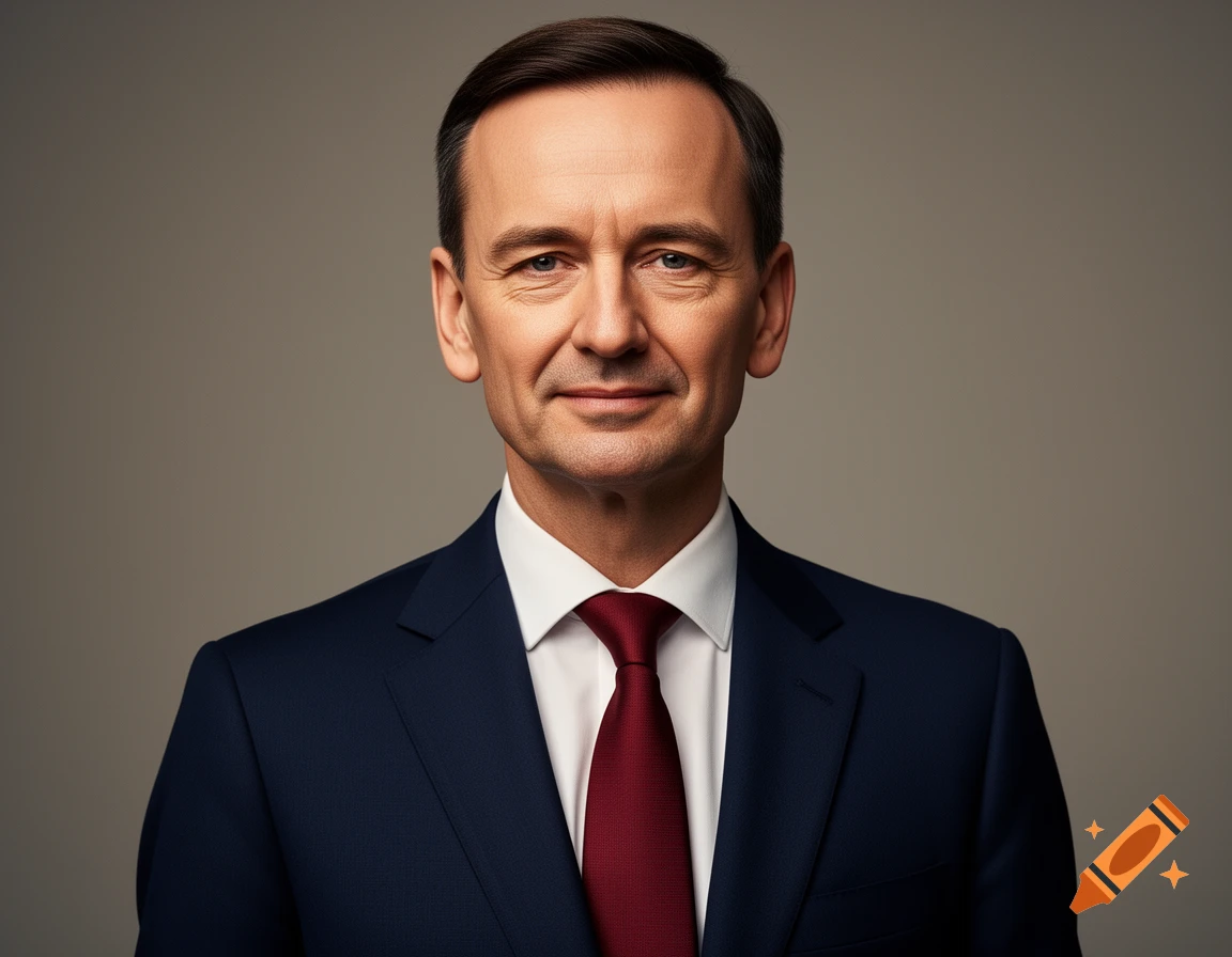 Photorealistic portrait of a mature man in a dark navy suit and red tie, looking confidently at the viewer.