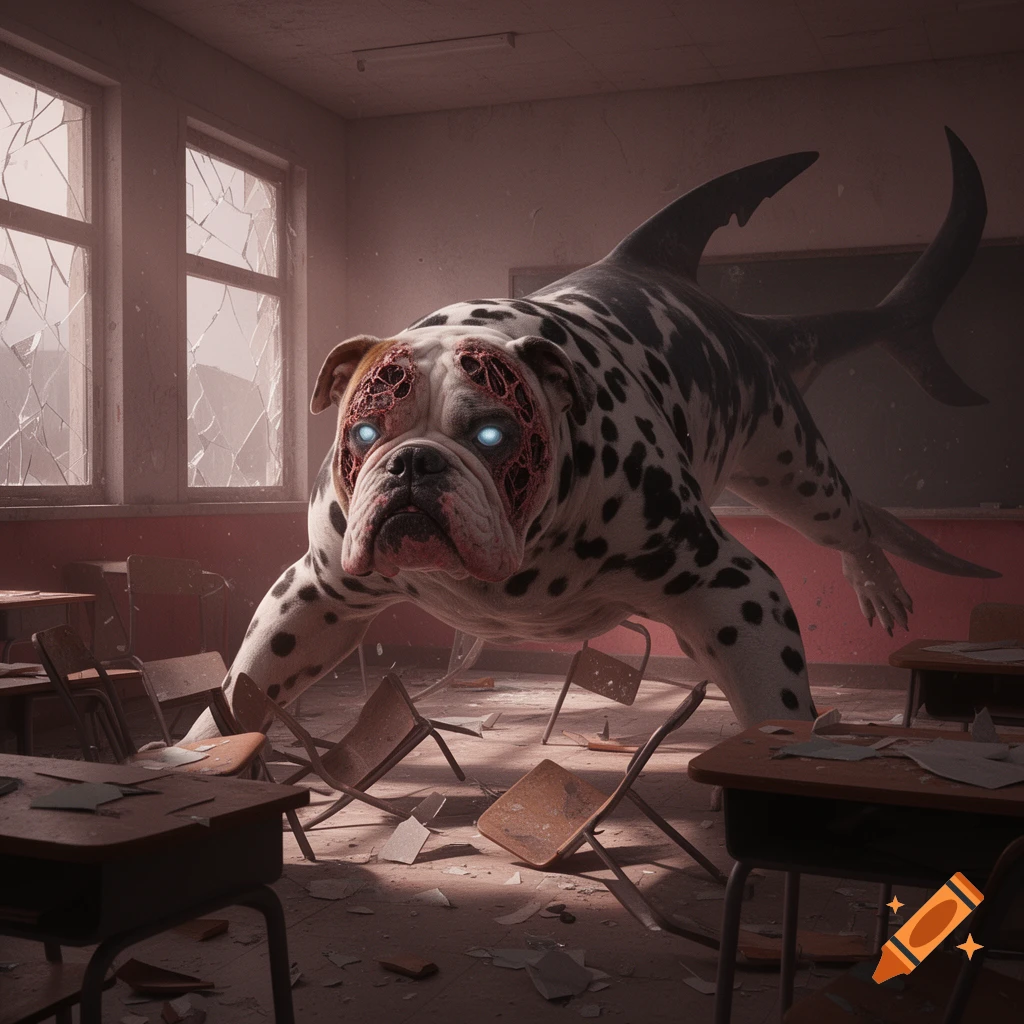 A monstrous dalmatian-bulldog hybrid with shark fins and glowing blue eyes stands in a destroyed classroom filled with debris.