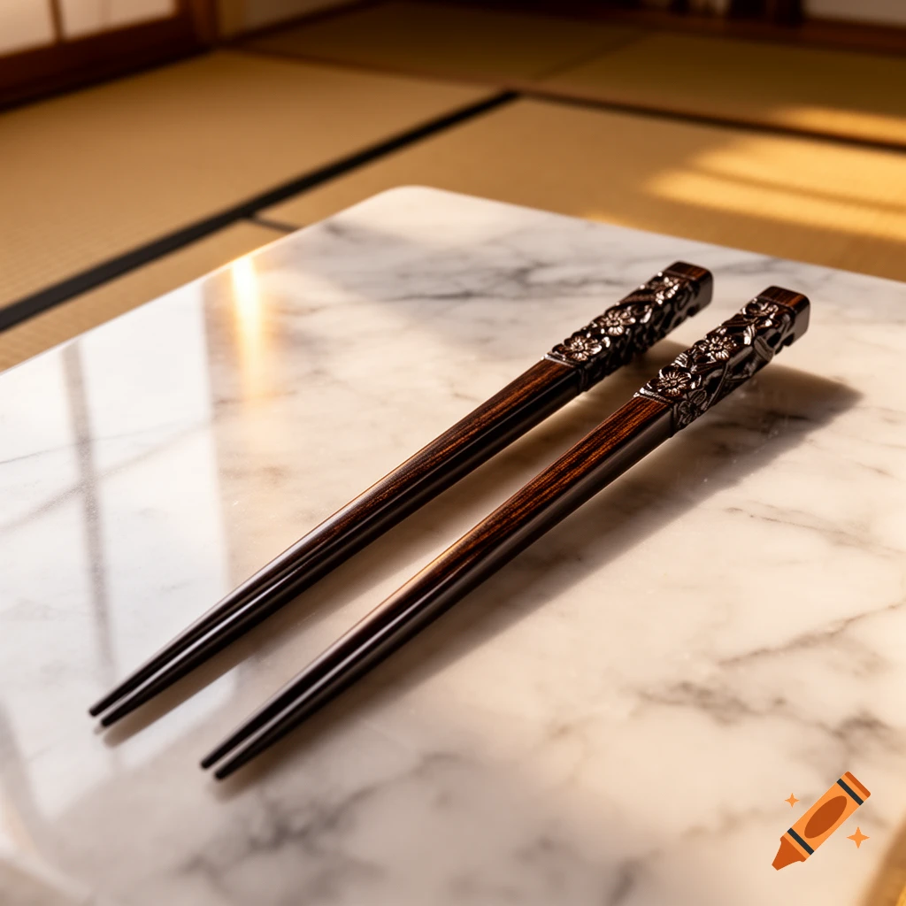 Ornate dark wood chopsticks on a white marble table, with a blurred traditional Japanese room background, photorealistic.