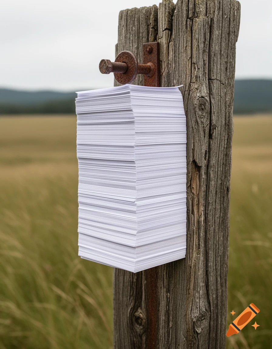 A tall stack of white blank forms attached to a rustic wooden post with a rusty lag bolt in a blurred outdoor field.