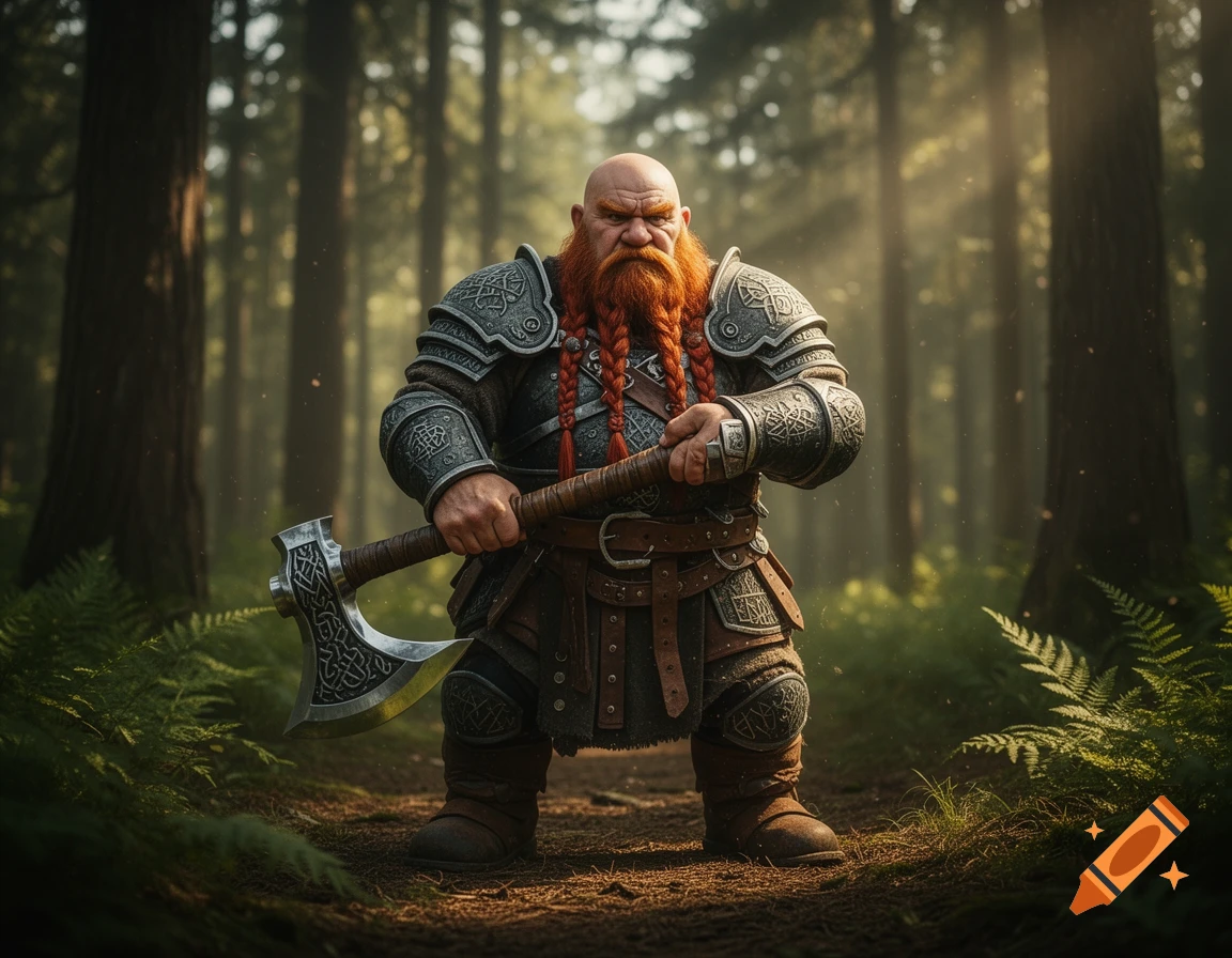 A bald dwarf warrior with a braided red beard and ornate armor holds a battle axe in a sunlit forest.