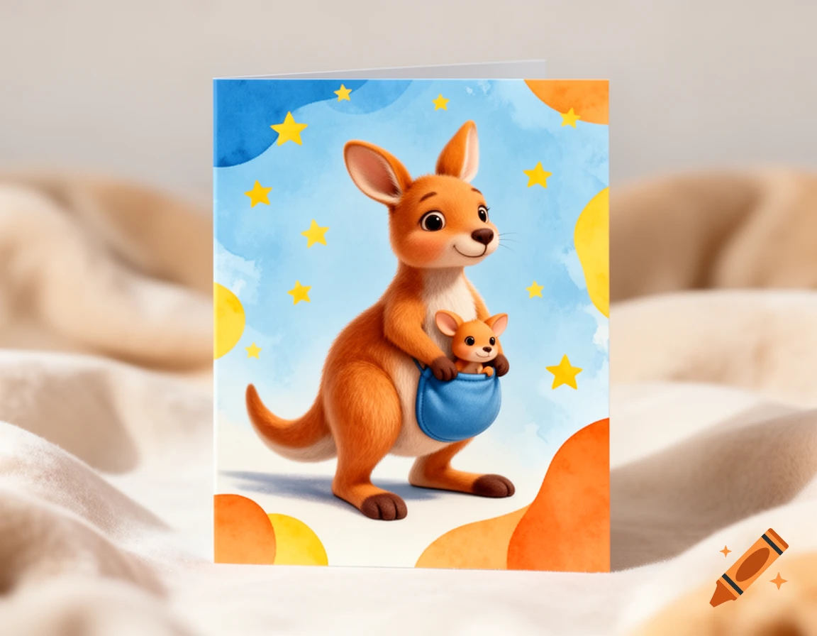 A cartoon kangaroo with a joey in its pouch on a blue and orange greeting card, surrounded by yellow stars.