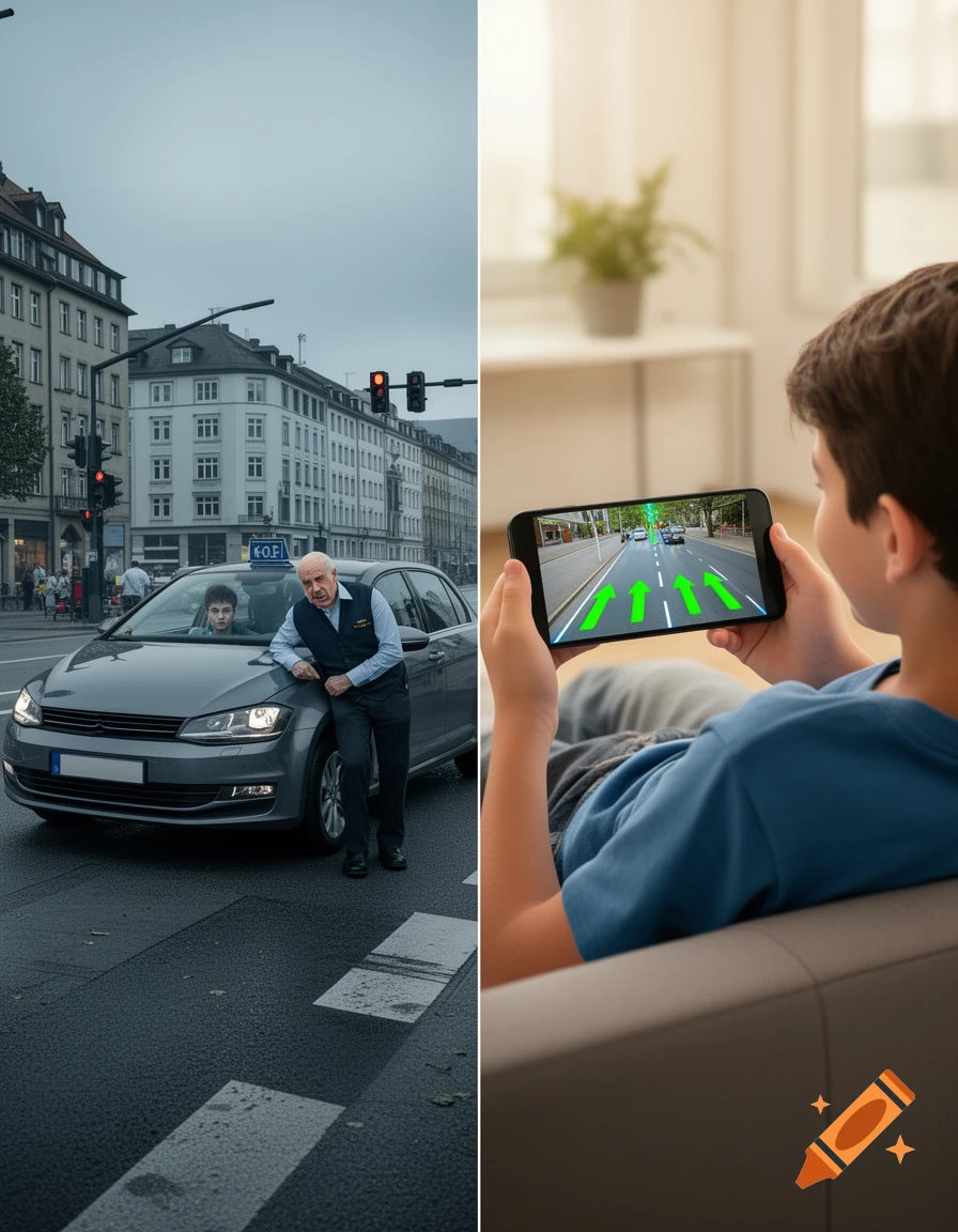 Split-screen image for a driving school ad. Left: Stressed instructor and student in a car at a city intersection. Right: Teenager on couch watching a driving lesson video with green arrows on a smartphone. Photorealistic.