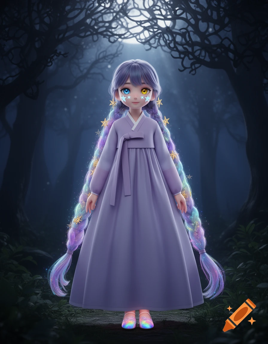 A shy, animated girl with long, aurora-colored braided hair adorned with golden stars, wearing a light purple hanbok and aurora shoes, stands in a mysterious forest at night.