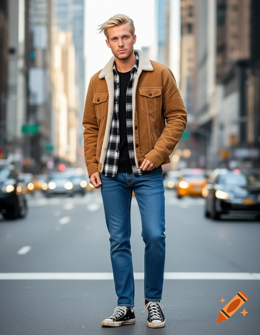 A blond man in a corduroy jacket, plaid shirt, jeans, and sneakers stands on a city street.