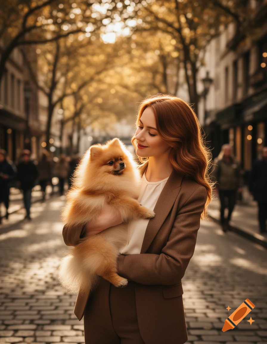 A smiling red-haired woman in a brown suit holds a fluffy Pomeranian dog on a sunny autumn city street, photorealistic.