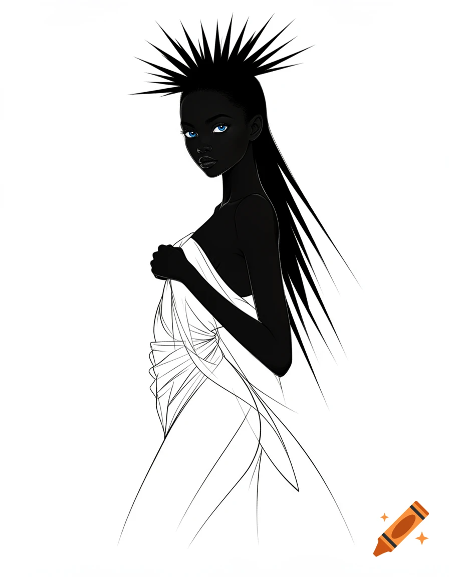 Minimalist line art illustration of a dark-skinned woman with spiked hair and striking blue eyes, draped in white fabric.