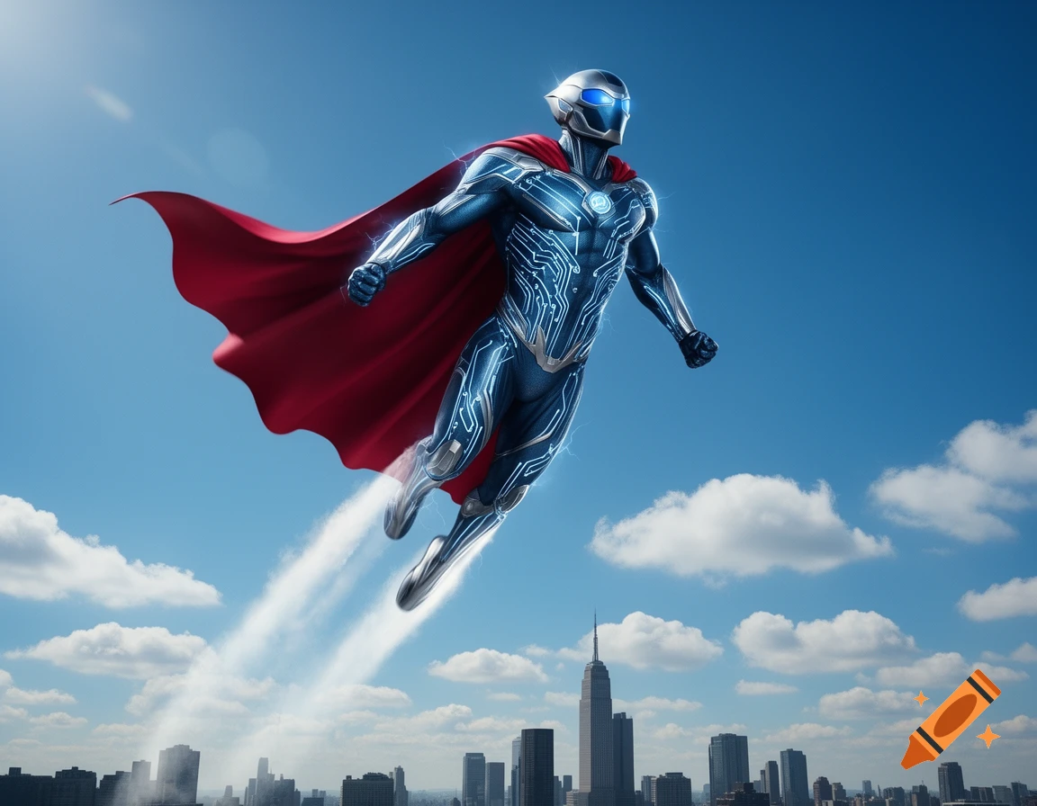 A futuristic superhero in a blue suit with glowing circuitry and a red cape flies upward over a modern city skyline against a bright blue sky.