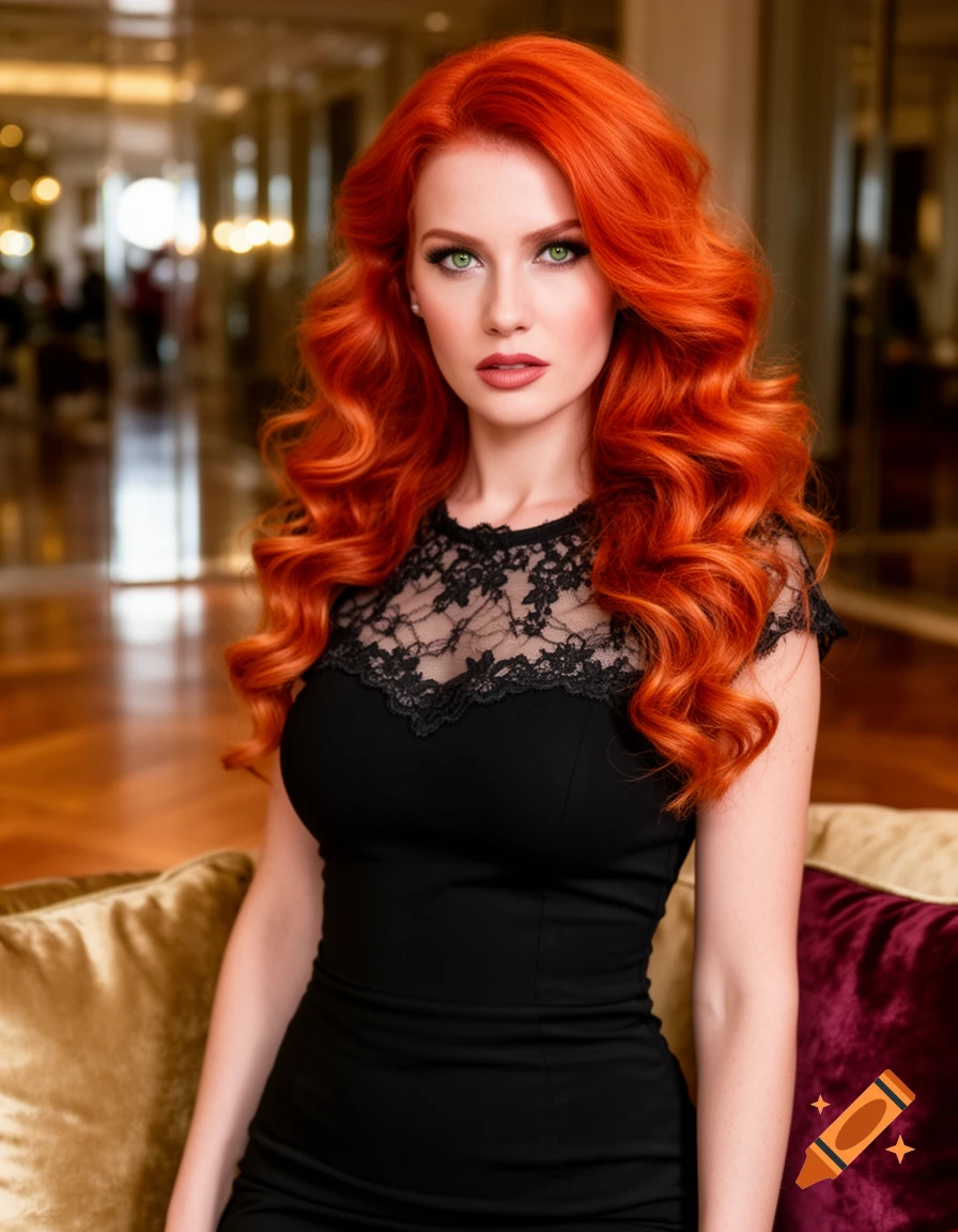 A photorealistic portrait of a woman with long wavy red hair and green eyes, wearing a black lace dress, looking at the viewer.