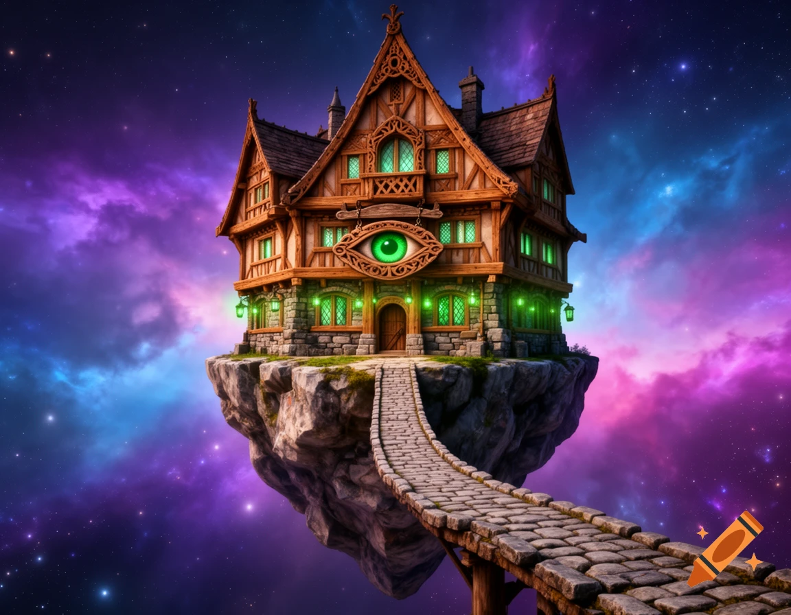 A medieval fantasy tavern with green glowing windows and an eye sign, floating on a rock island in a vibrant, star-filled nebula.