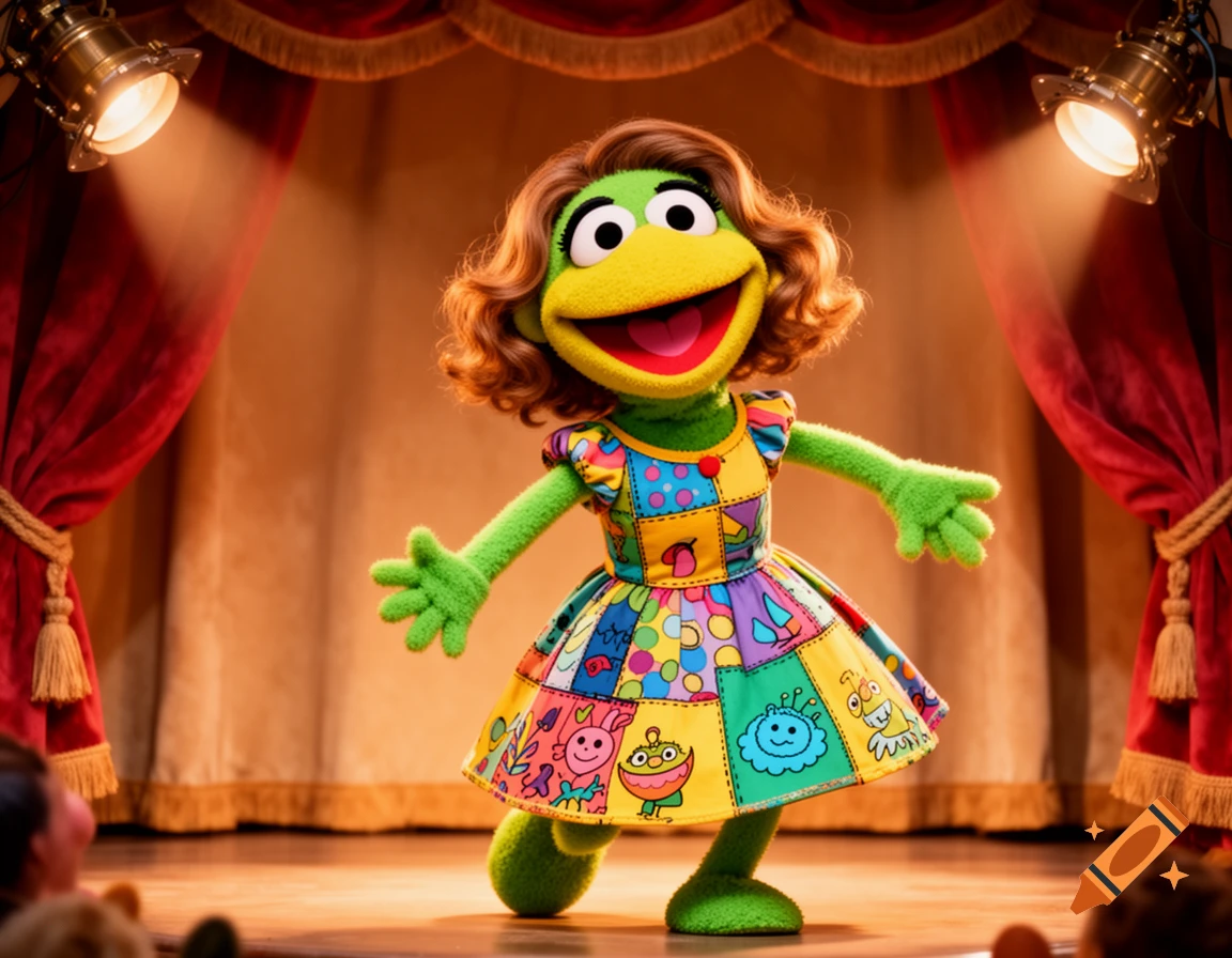 A green, frog-like puppet with brown curly hair and a colorful patchwork dress smiles broadly on a stage with red curtains and spotlights.