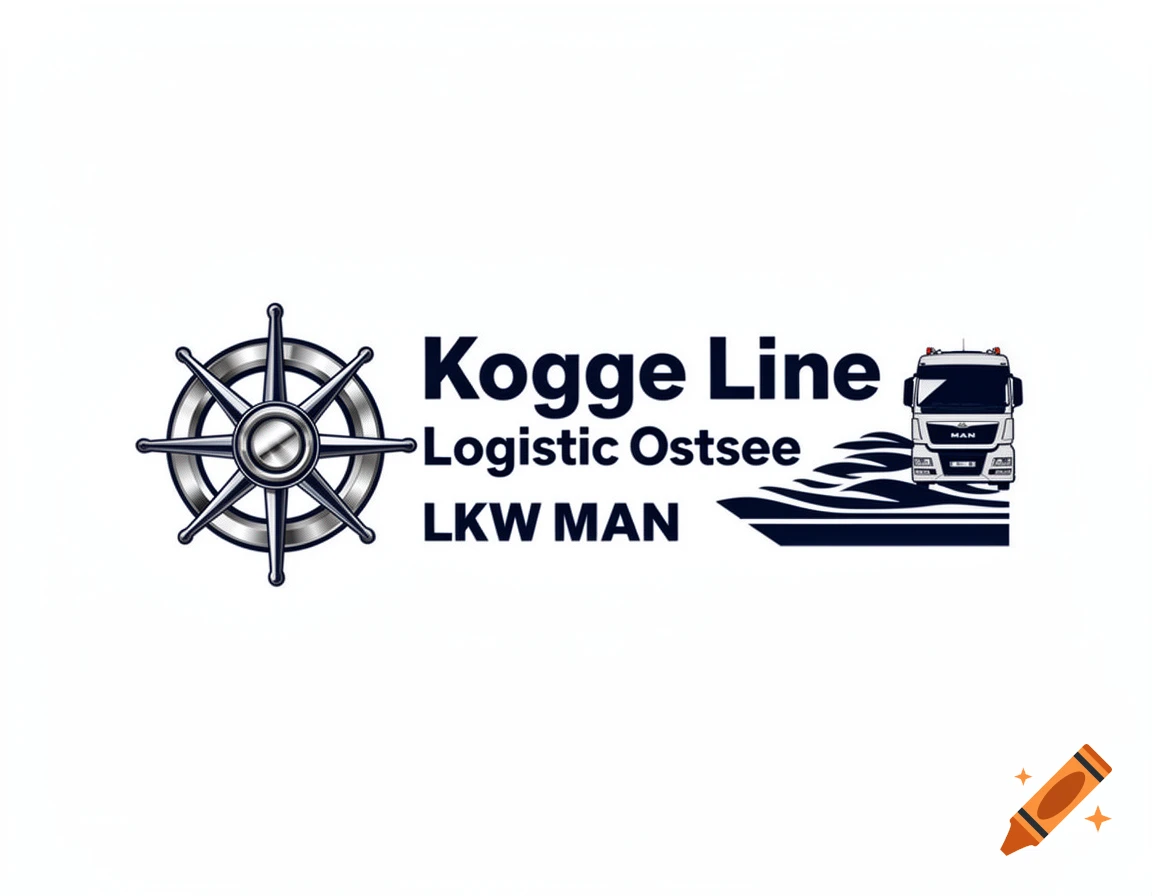 Logo with a metallic ship's wheel, text 'Kogge Line Logistic Ostsee LKW MAN', and a white delivery truck illustration.