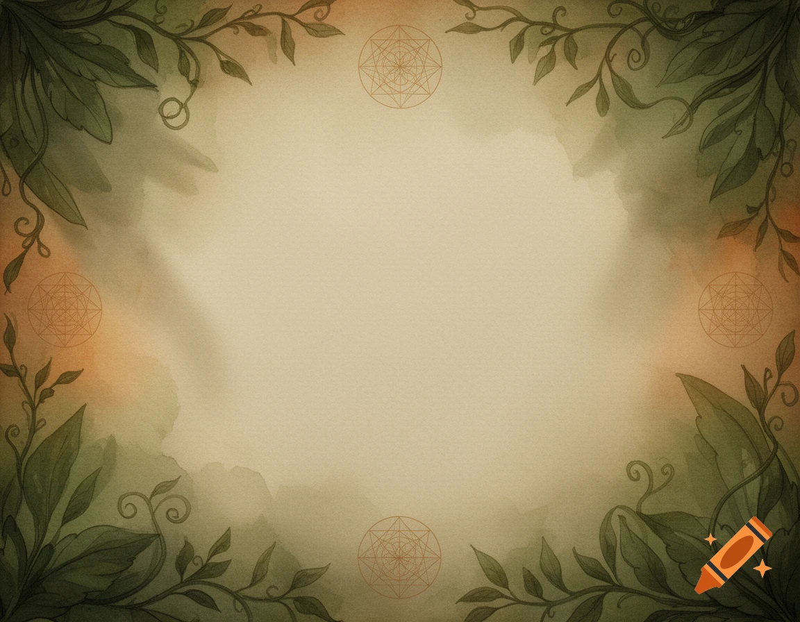 Earthy watercolor background with green jungle vines along edges and faint sacred geometry in corners.