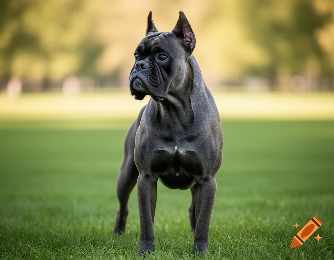 A dark grey boxer dog stands alert on green grass with a soft, blurred natural background.