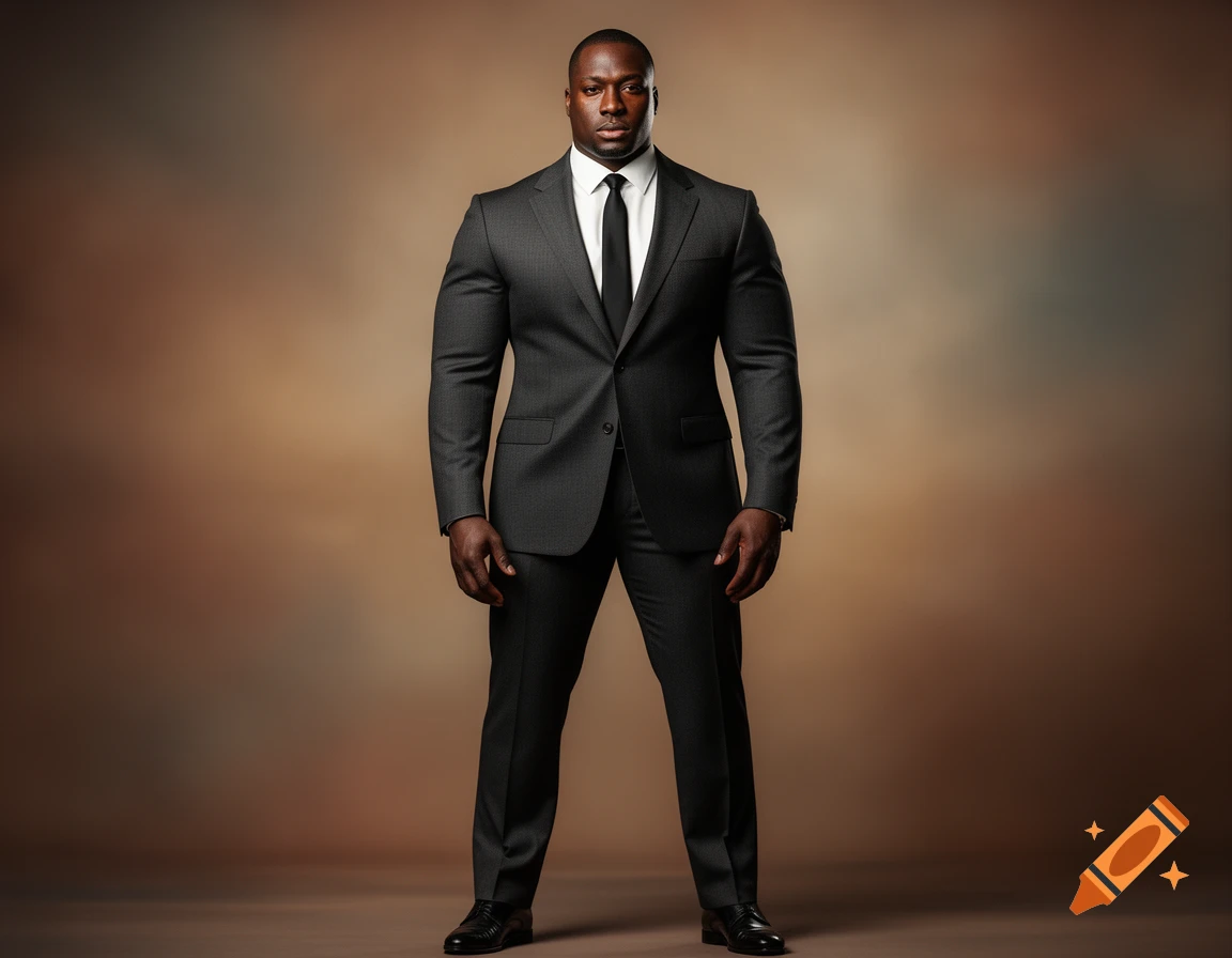 A muscular Black man in a dark grey suit, white shirt, and black tie stands against a brown background, looking directly at the viewer.