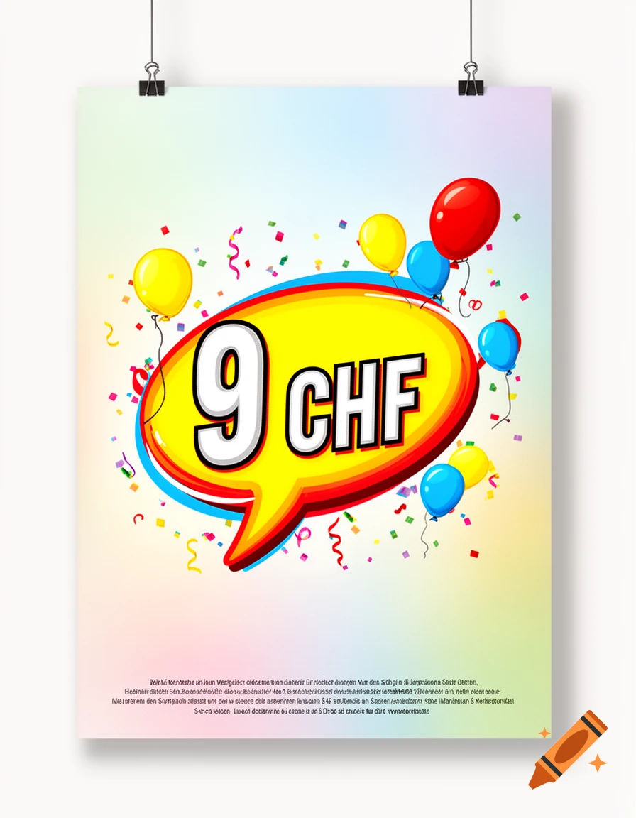 A vibrant promotional poster in portrait format featuring a large yellow speech bubble with '9 CHF', surrounded by colorful balloons and confetti.