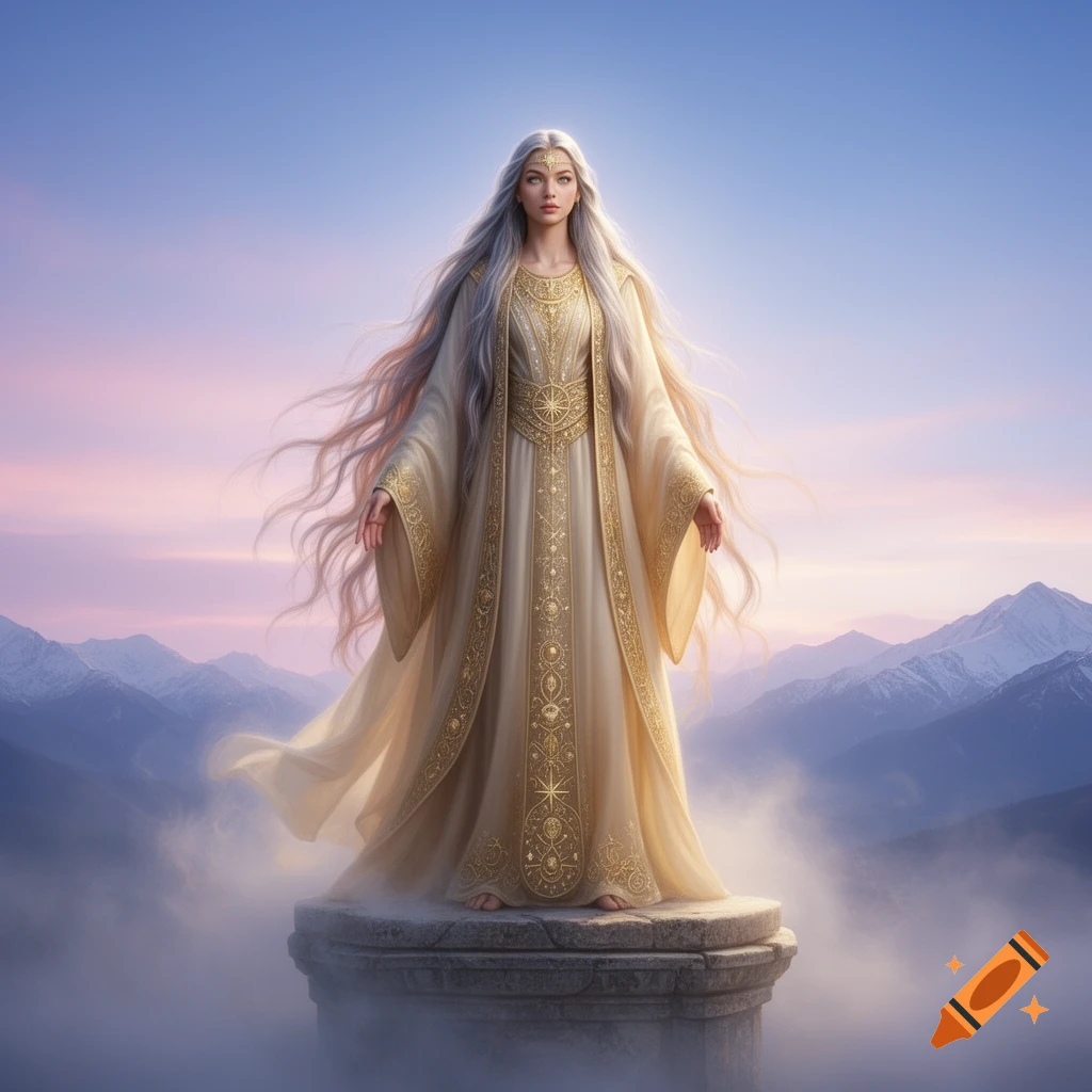A goddess-like woman with long silver hair in a golden and white gown stands on a pedestal amidst clouds, with mountains and a pastel sky.