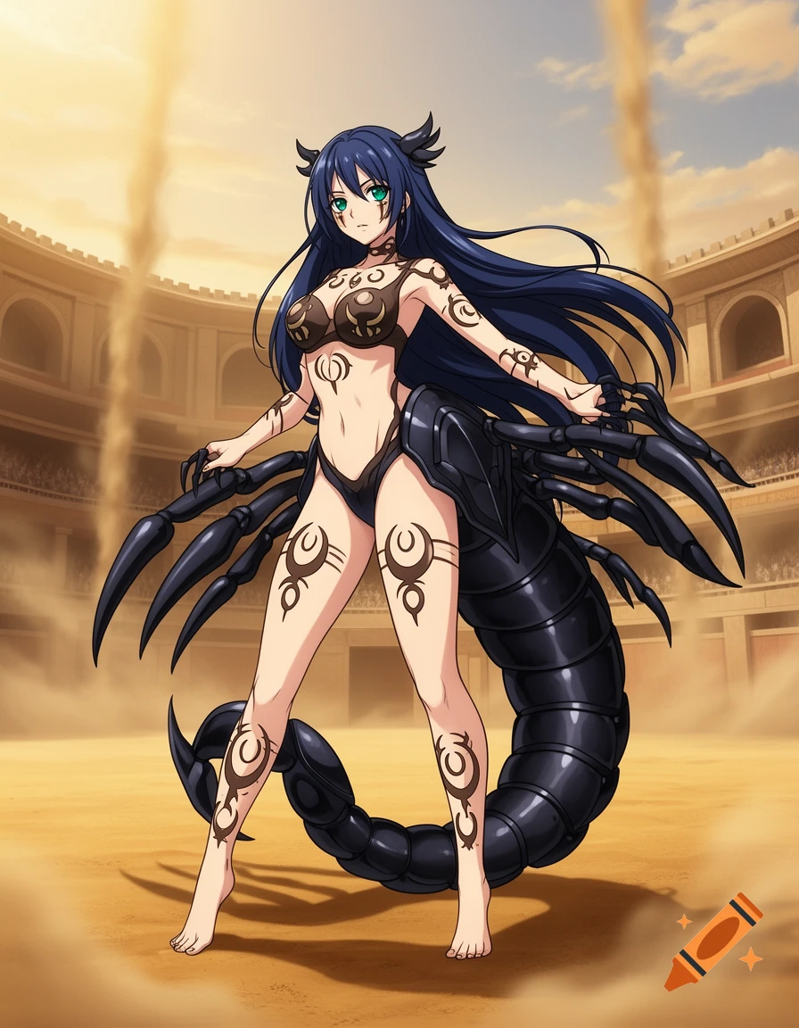 An anime-styled female human and scorpion hybrid with dark hair, tribal tattoos, and a black scorpion tail, stands in a sandy arena.