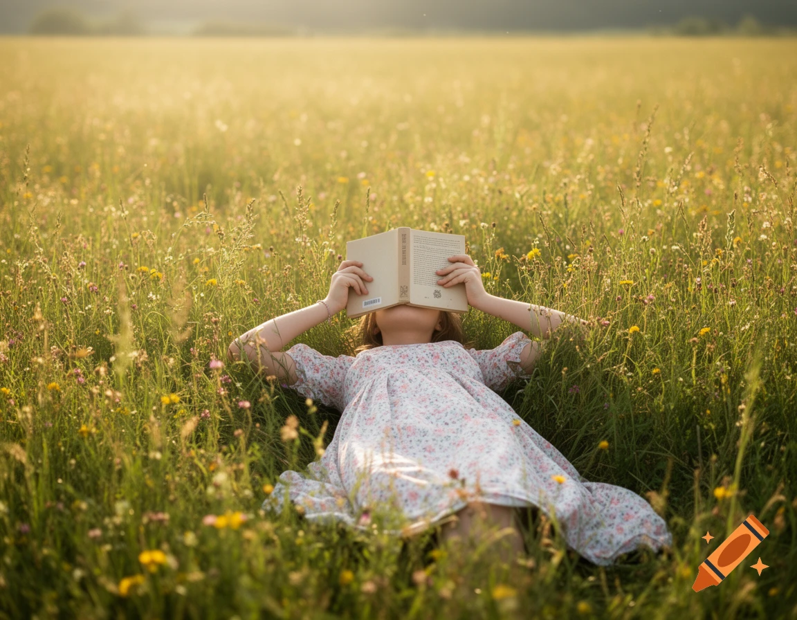 A child in a floral dress lies face up in a sunlit field, covering her face with an open book.