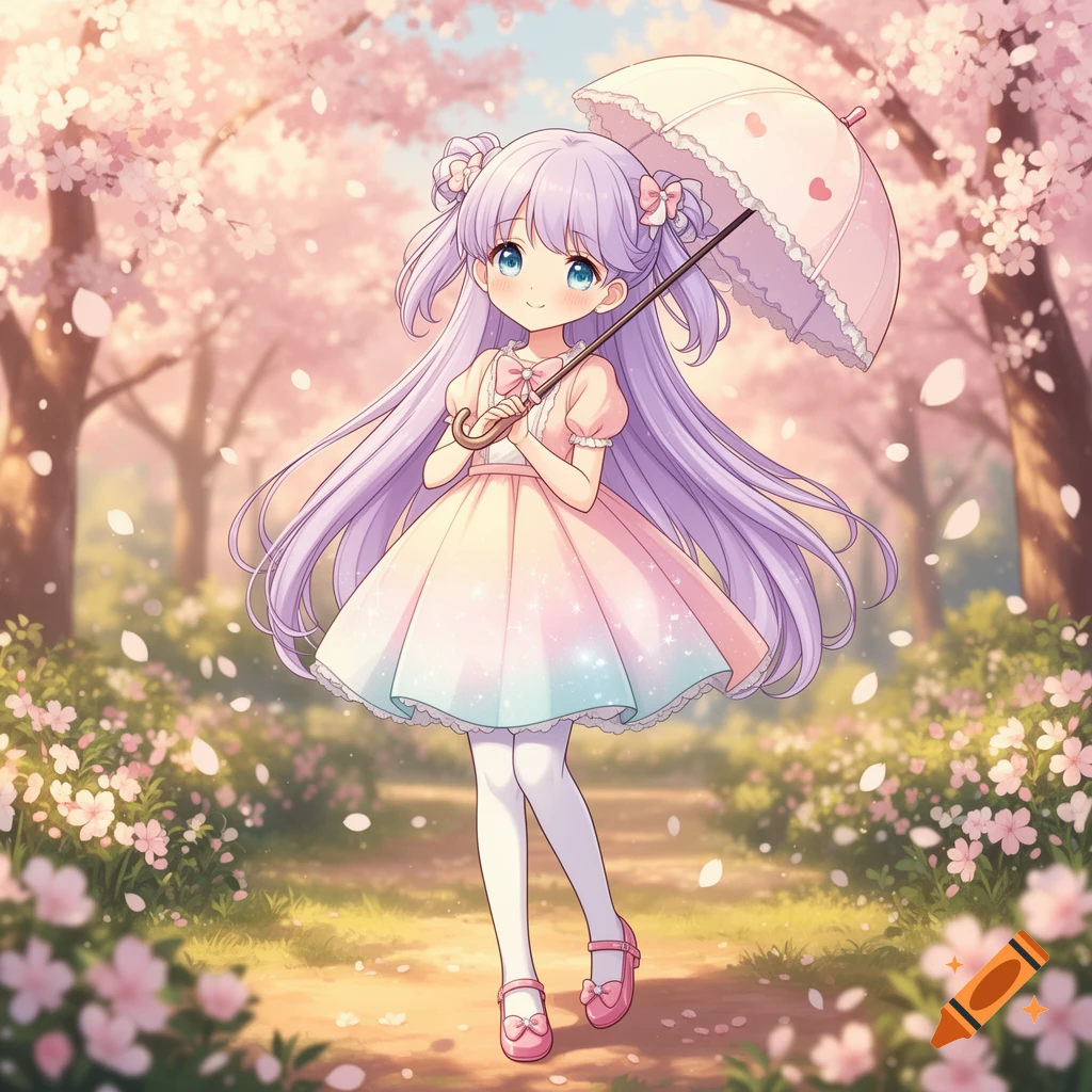 Cute anime girl with long purple hair in a pink dress, holding a parasol, walking in a cherry blossom park.