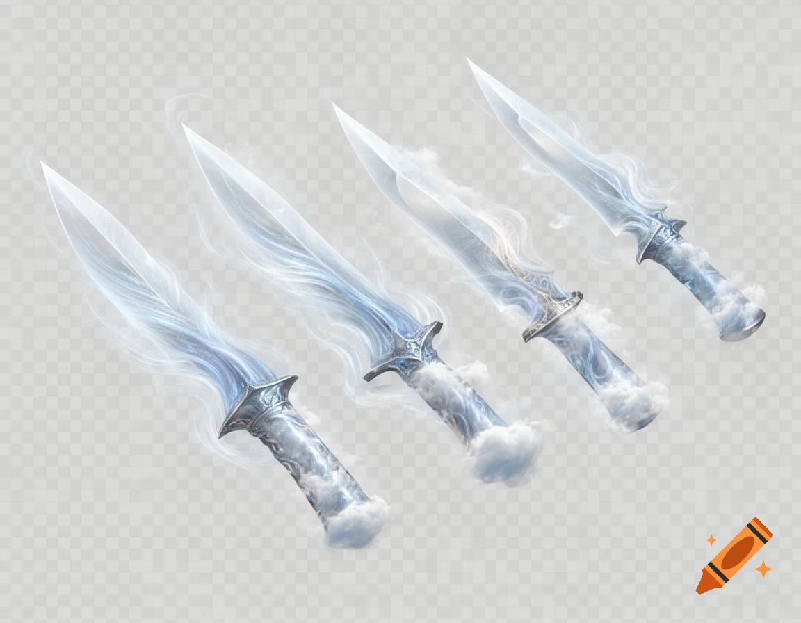 Four fantasy blades with ethereal, smoky-blue wind elements forming their blades and handles, on a transparent background.