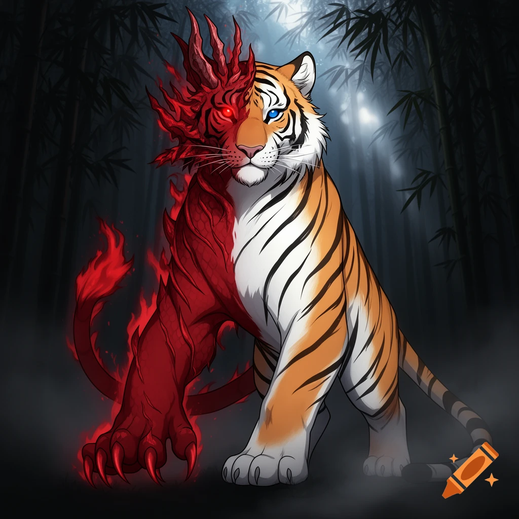 A stylized half tiger, half red demon creature with glowing eyes sits in a dark forest with bamboo, in a Japanese art style.