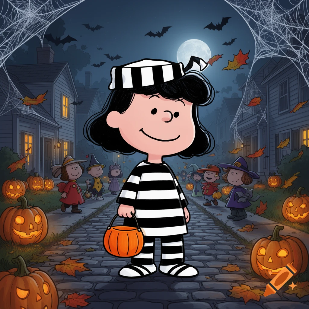 Cartoon illustration of Peanuts character Lucy in a striped convict costume trick-or-treating on a Halloween night street with other costumed children and jack-o'-lanterns.