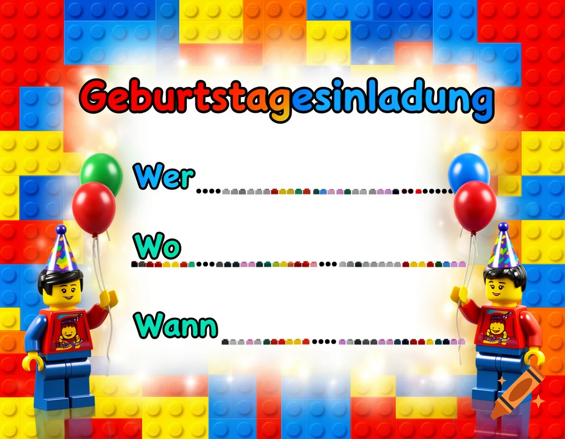 Lego-themed birthday invitation with two minifigures, balloons, and German text fields for 'Who', 'Where', 'When' on a white background with a colorful brick border.