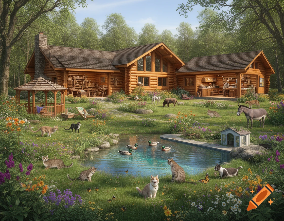 A rustic log cabin complex sits in a lush, green garden featuring a pond with ducks, various cats, and donkeys roaming around. A gazebo is to the left, and another small building houses a craft room.