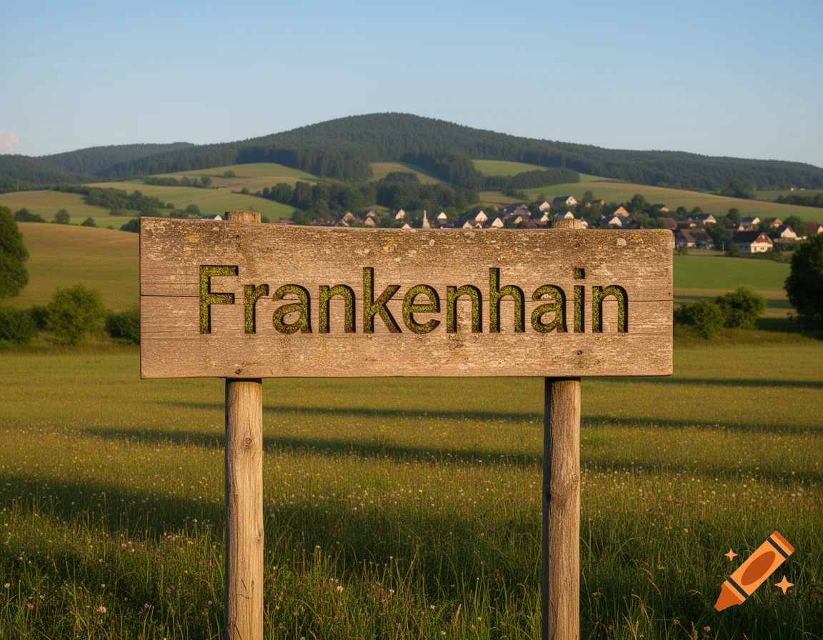 A wooden sign reading 'Frankenhain' stands in a grassy field with a village and rolling green hills under a blue sky.