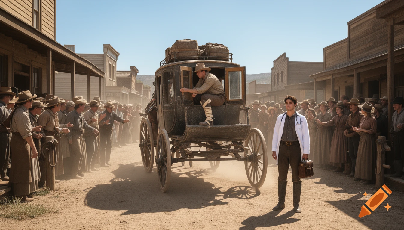 A stagecoach arrives in a dusty Wild West town, with a doctor in a white coat awaiting its arrival alongside a large crowd.