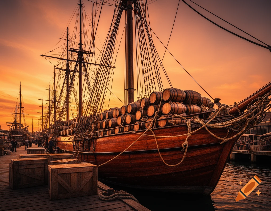 A large wooden sailing ship, laden with barrels, docked at a pier during a vibrant sunset.