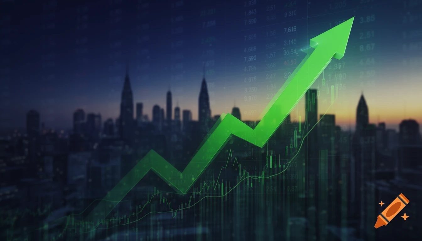 A vibrant green arrow trending upwards over a blurred city skyline, with translucent financial charts overlaid.
