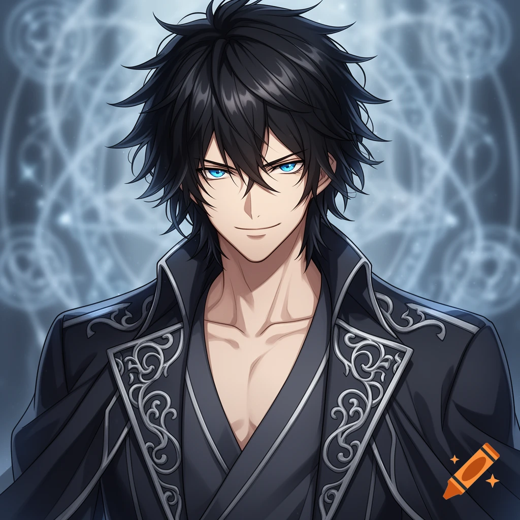 Close-up anime portrait of a handsome young man with messy black hair, striking blue eyes, and a subtle smirk, wearing a fantasy overcoat.