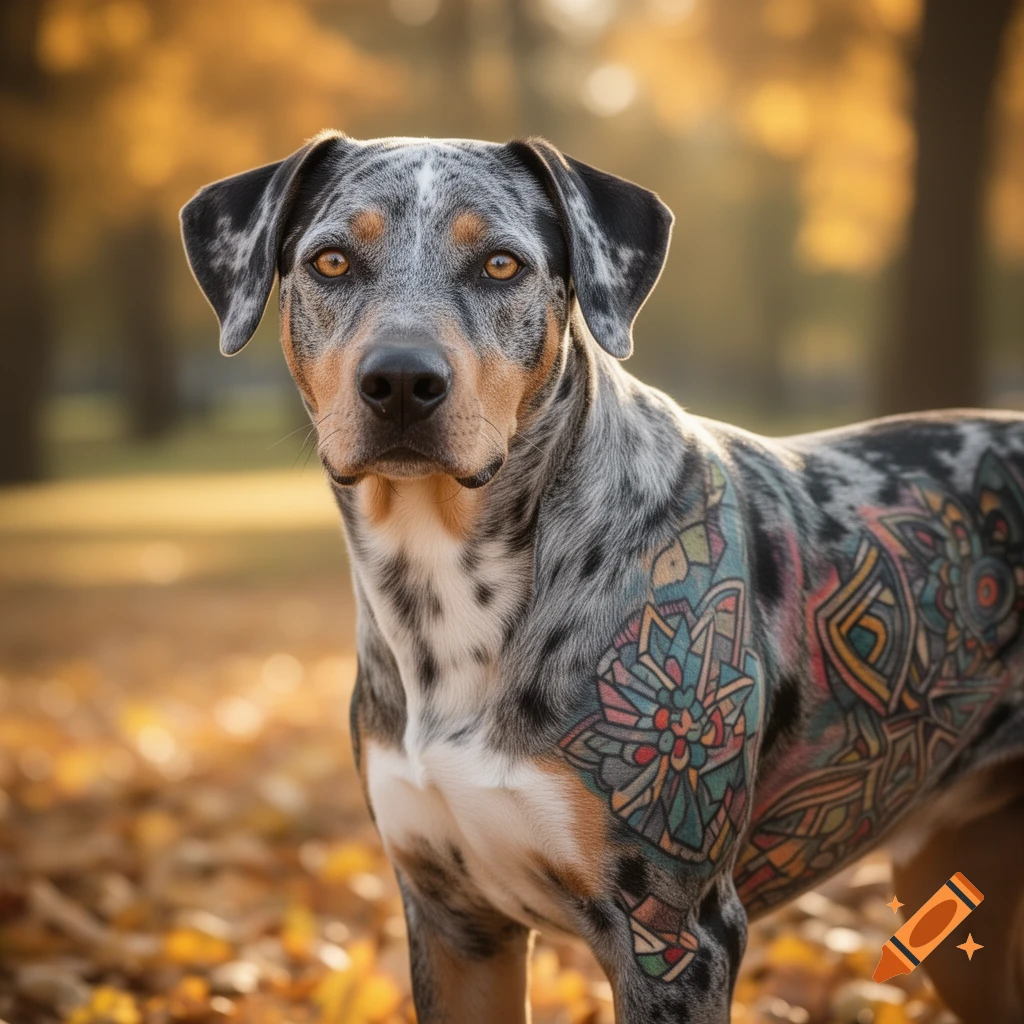 A tattooed Catahoula Leopard dog stands outdoors amidst fallen autumn leaves, looking directly at the viewer.