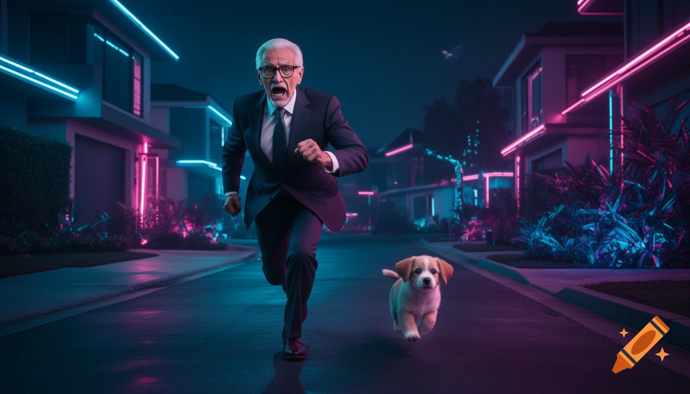 A terrified older man in a suit runs from a cute puppy on a neon-lit cyberpunk street with futuristic houses.