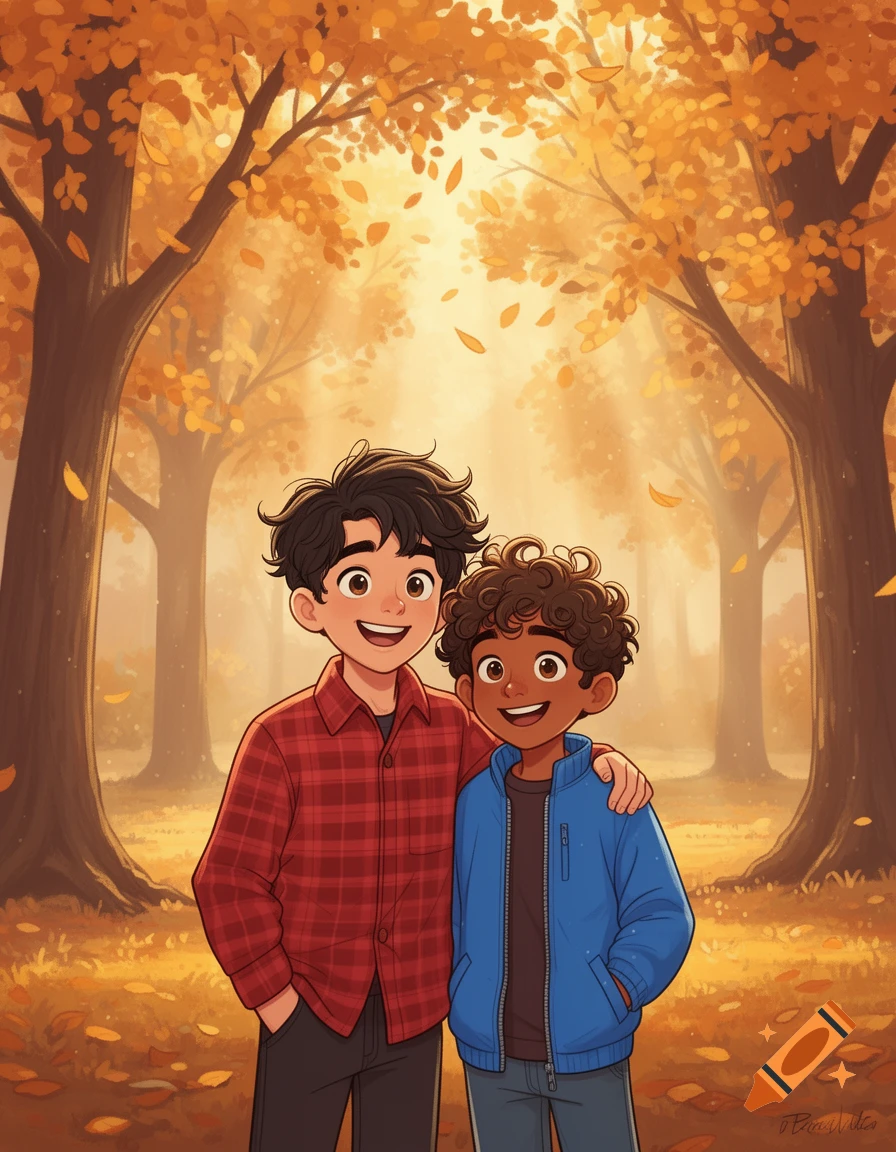 Two smiling cartoon boys, one with his arm around the other, in an autumn forest with golden leaves.