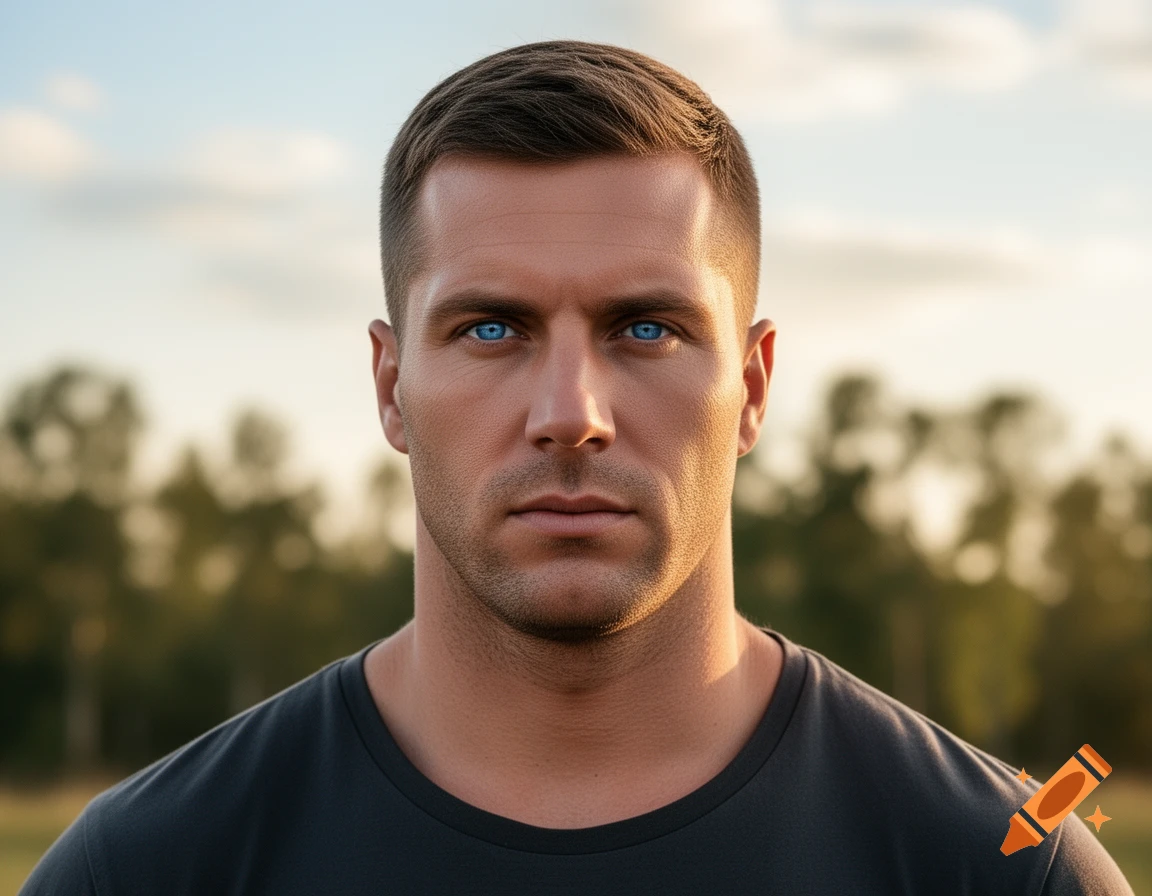 Close-up photorealistic portrait of a man with short brown hair and piercing blue eyes, against a blurred outdoor background.