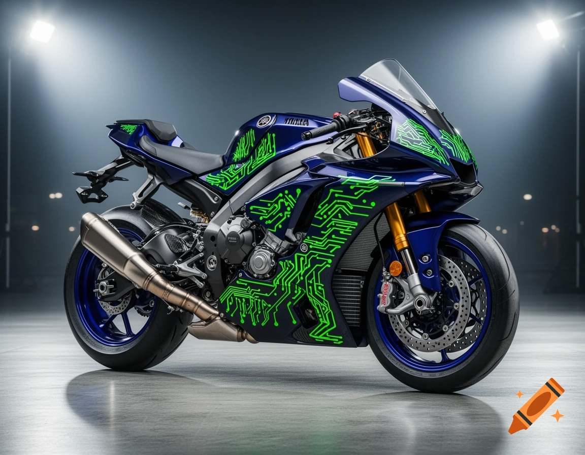 A blue Yamaha R1M sports bike with neon green circuit board decals, lit by spotlights on a dark surface.