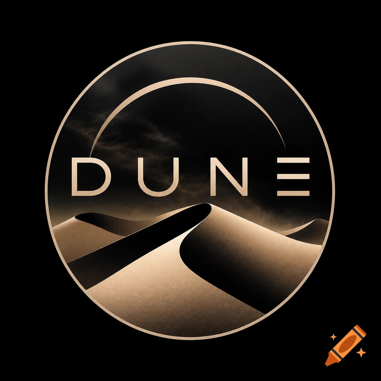 A circular logo with the word DUNE above desert dunes, in beige, black, and white tones, against a dark sky.