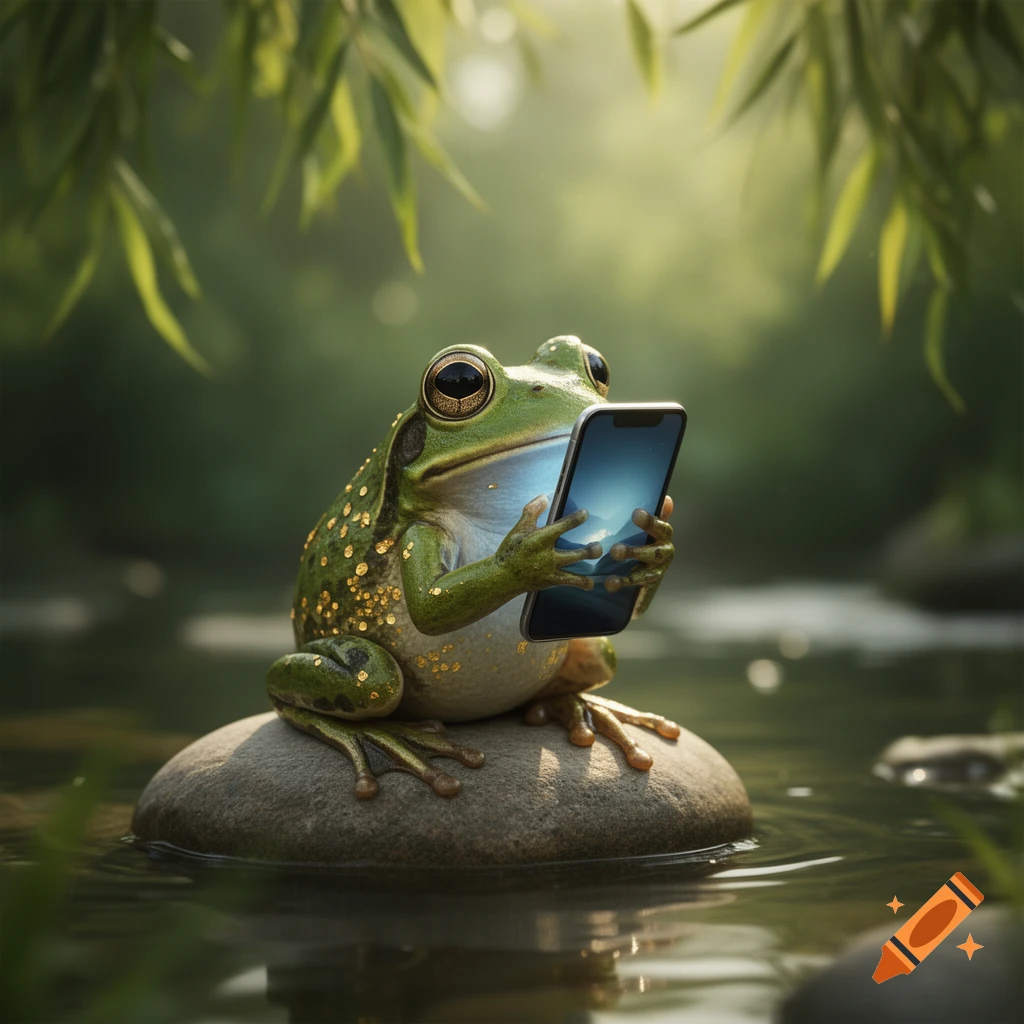 A photorealistic green frog with gold spots sits on a rock in a calm stream, holding a smartphone with both hands and looking at its glowing screen, surrounded by lush green foliage.