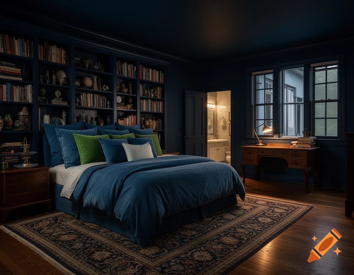 A dark blue bedroom with a king-size bed, bookshelves, a desk with a lamp, and an open door to a bathroom.