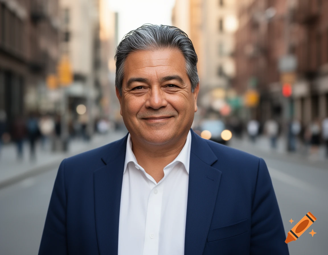 A photorealistic portrait of a smiling middle-aged man with gray hair in a blue suit and white shirt, standing on a blurred city street.