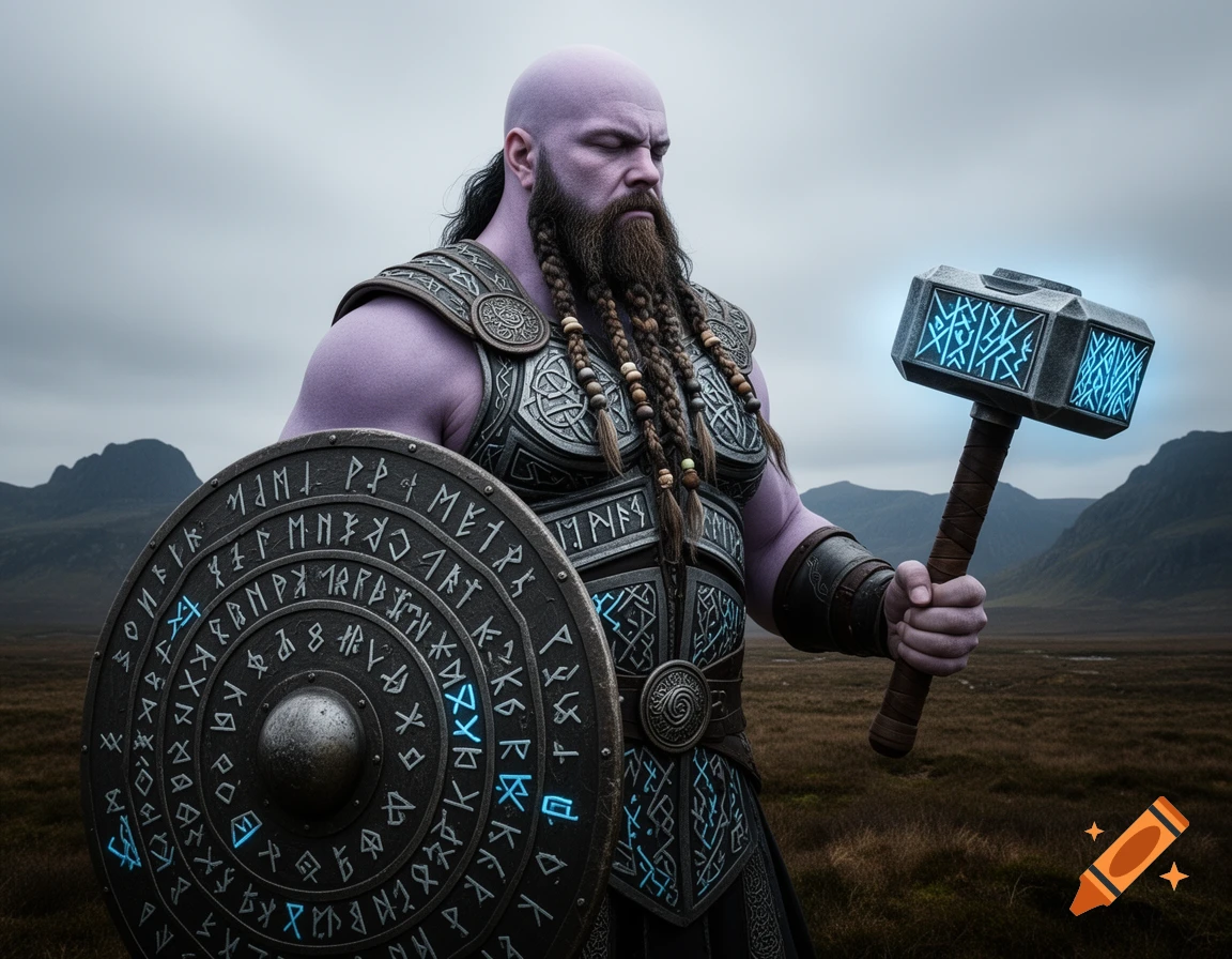 A bald, purple-skinned giant with a long braided beard, wearing ornate armor and holding a rune-covered shield and a glowing hammer, stands in a barren landscape.