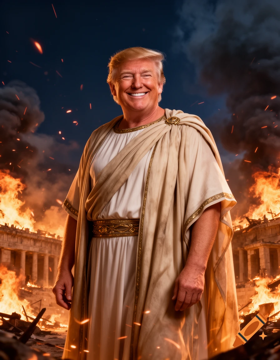 Donald Trump in ancient Greek robes smiles confidently before a burning city, styled as a dramatic, photorealistic portrait.