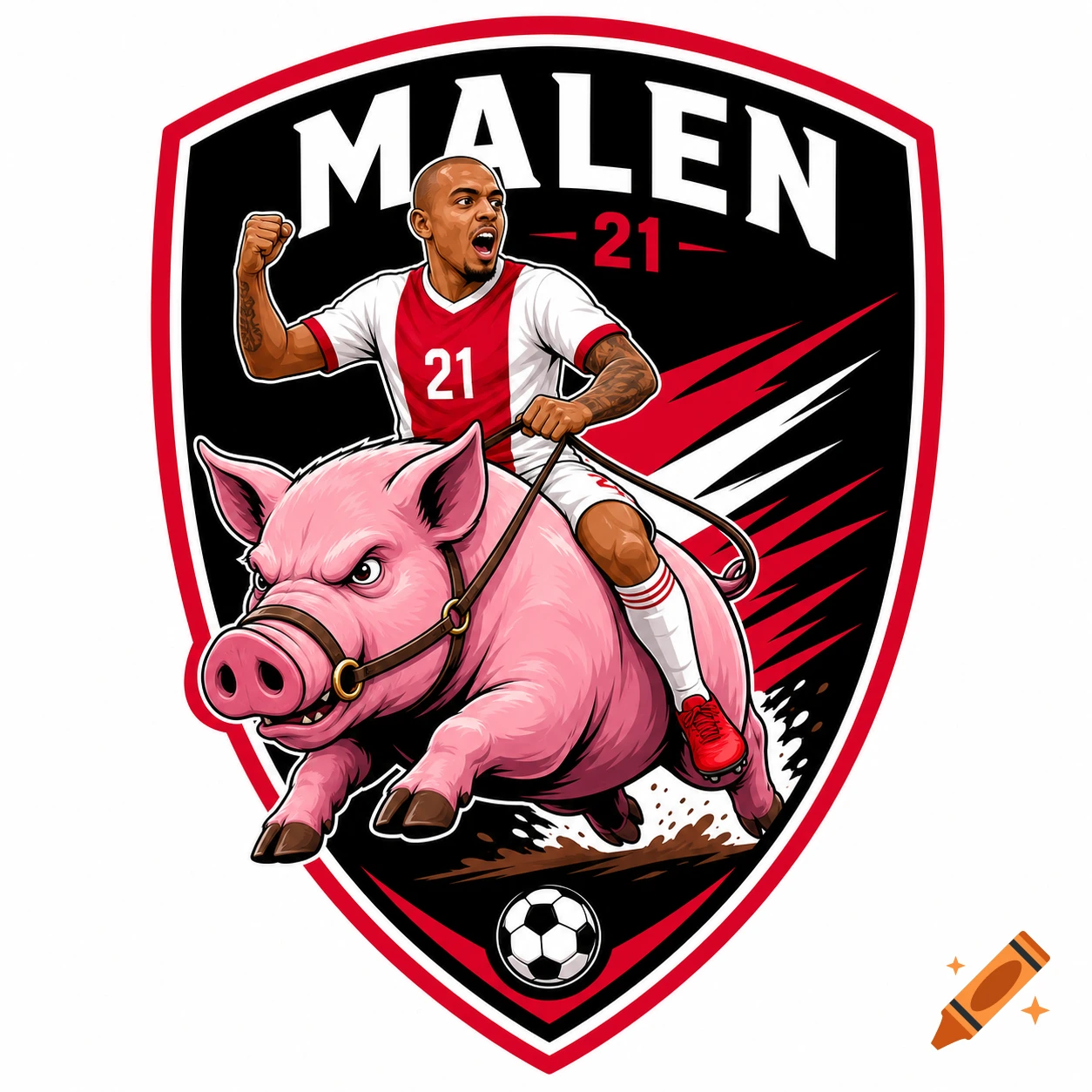Sports logo of Donyell Malen riding a pink pig, featuring 'MALEN 21' text within a black and red shield crest.