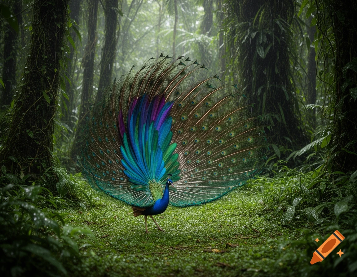 A vibrant peacock with its tail feathers spread wide, displaying in a lush, green rainforest during a light rain.