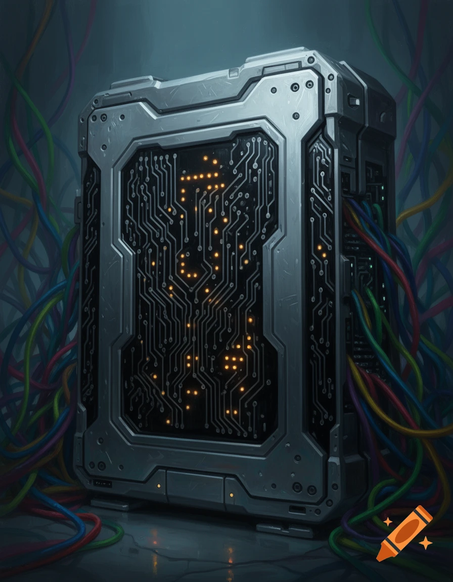 Painted art of a futuristic metallic computer hardware unit with an illuminated circuit board, surrounded by tangled colorful wires.